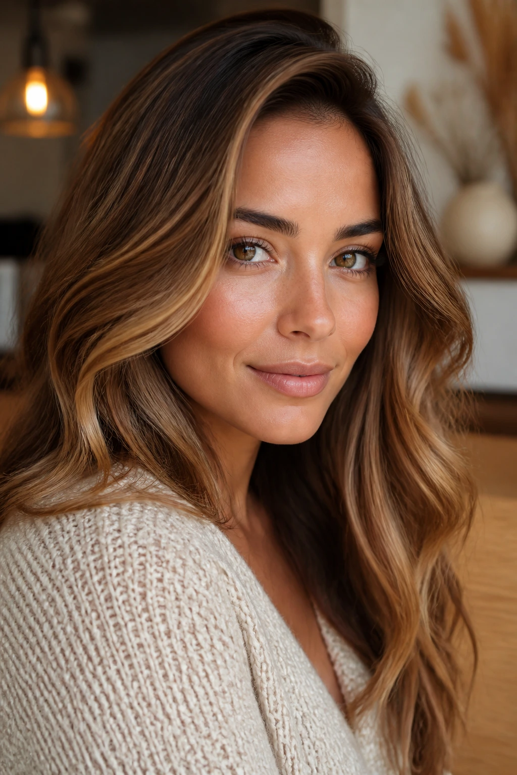 Portrait of styled warm hair color with movement