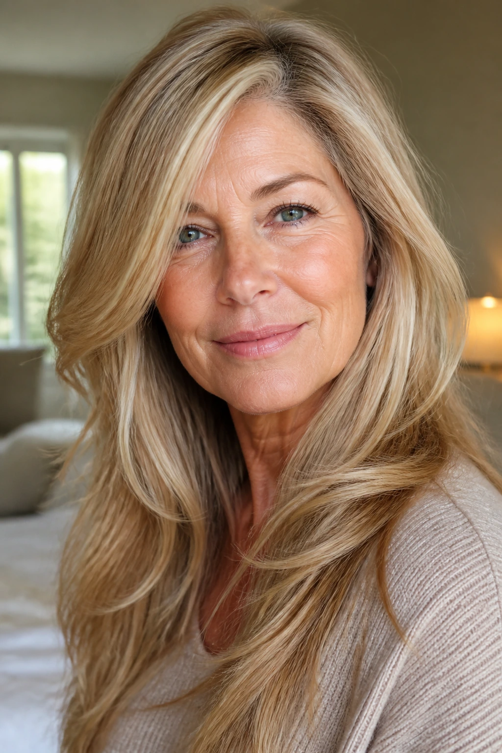 Close-up portrait of a real woman with long blonde hair and soft face-framing layers in warm window light