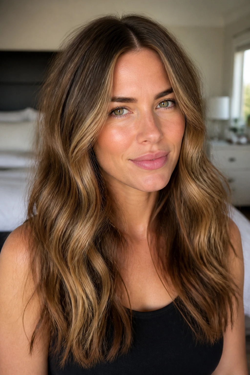Portrait of a real person with soft waves and center part showing babylight color movement