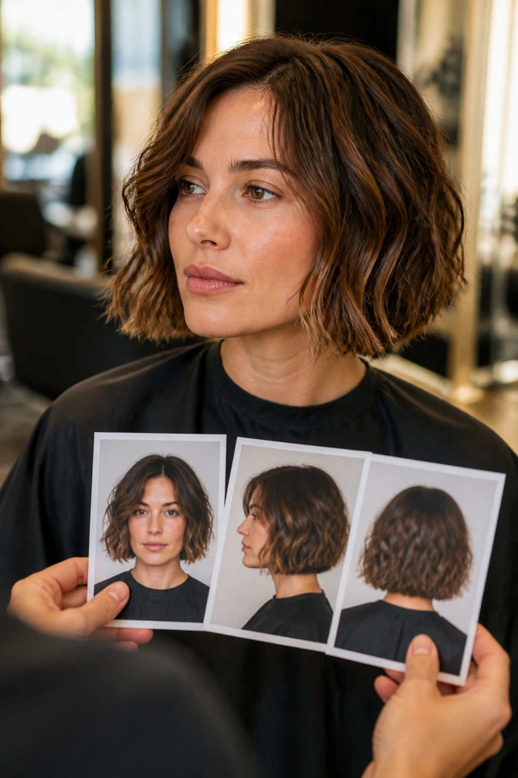 Close-up portrait of client in salon chair with reference photos for length and shape
