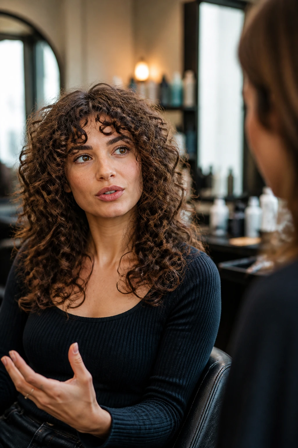 Close-up of a real woman discussing curl goals with a stylist in a salon