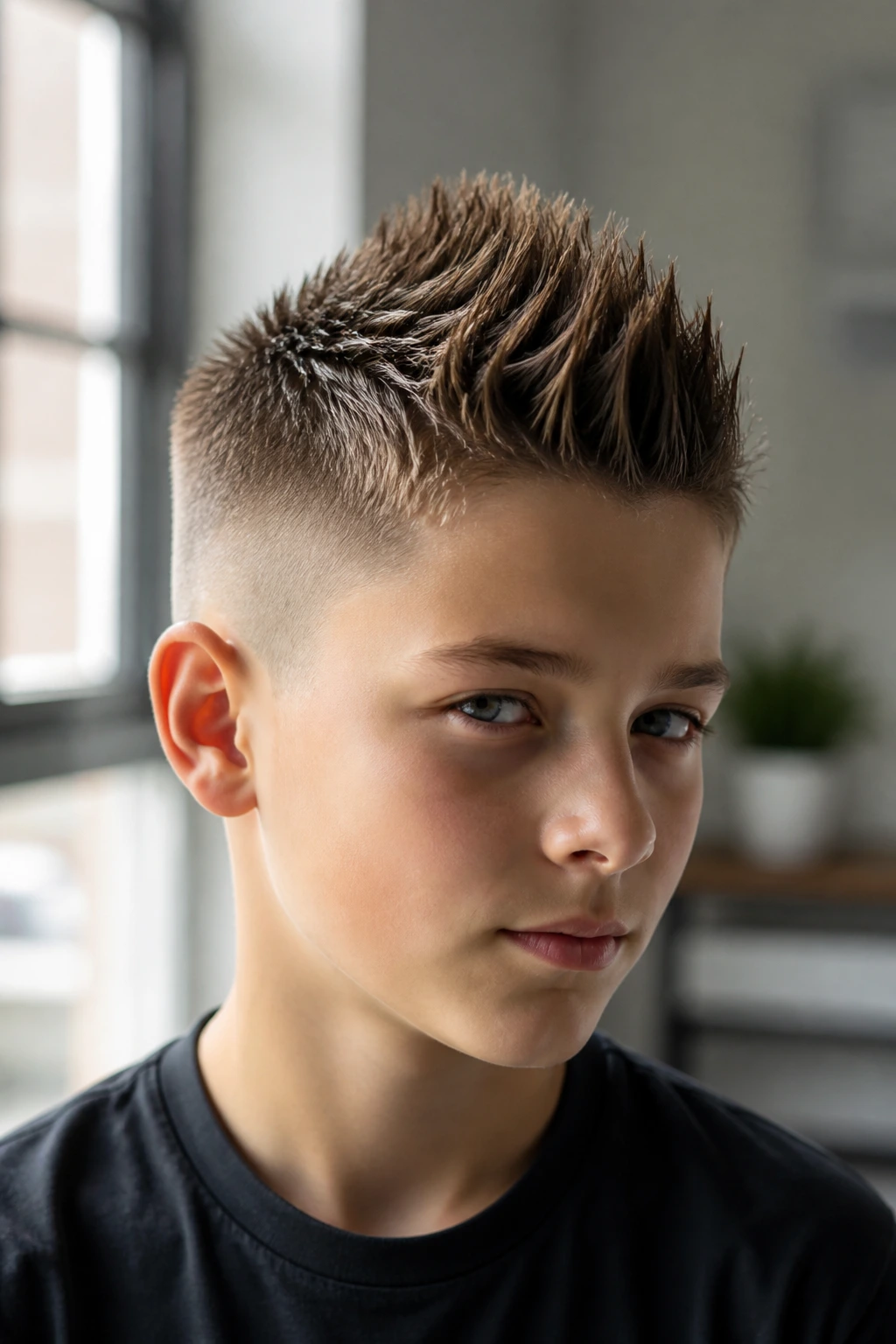 Real boy with Eurohawk hairstyle showing lifted center ridge in a bright room.