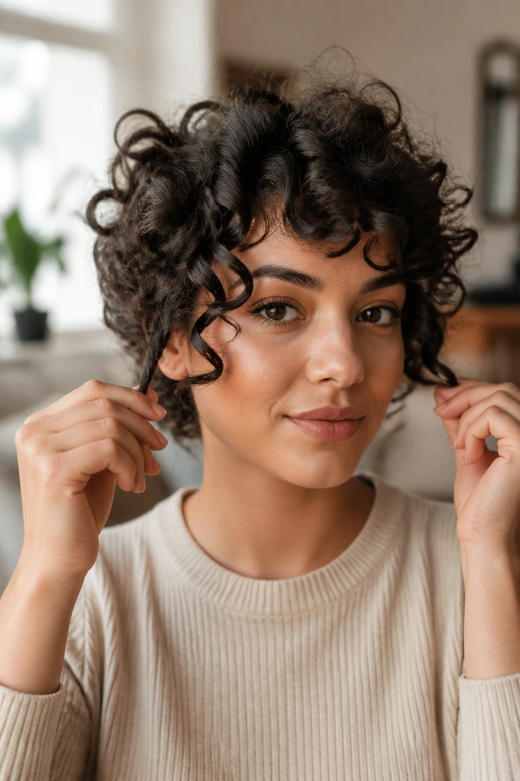 Real person styling front hair with fingers to set face-framing layers.