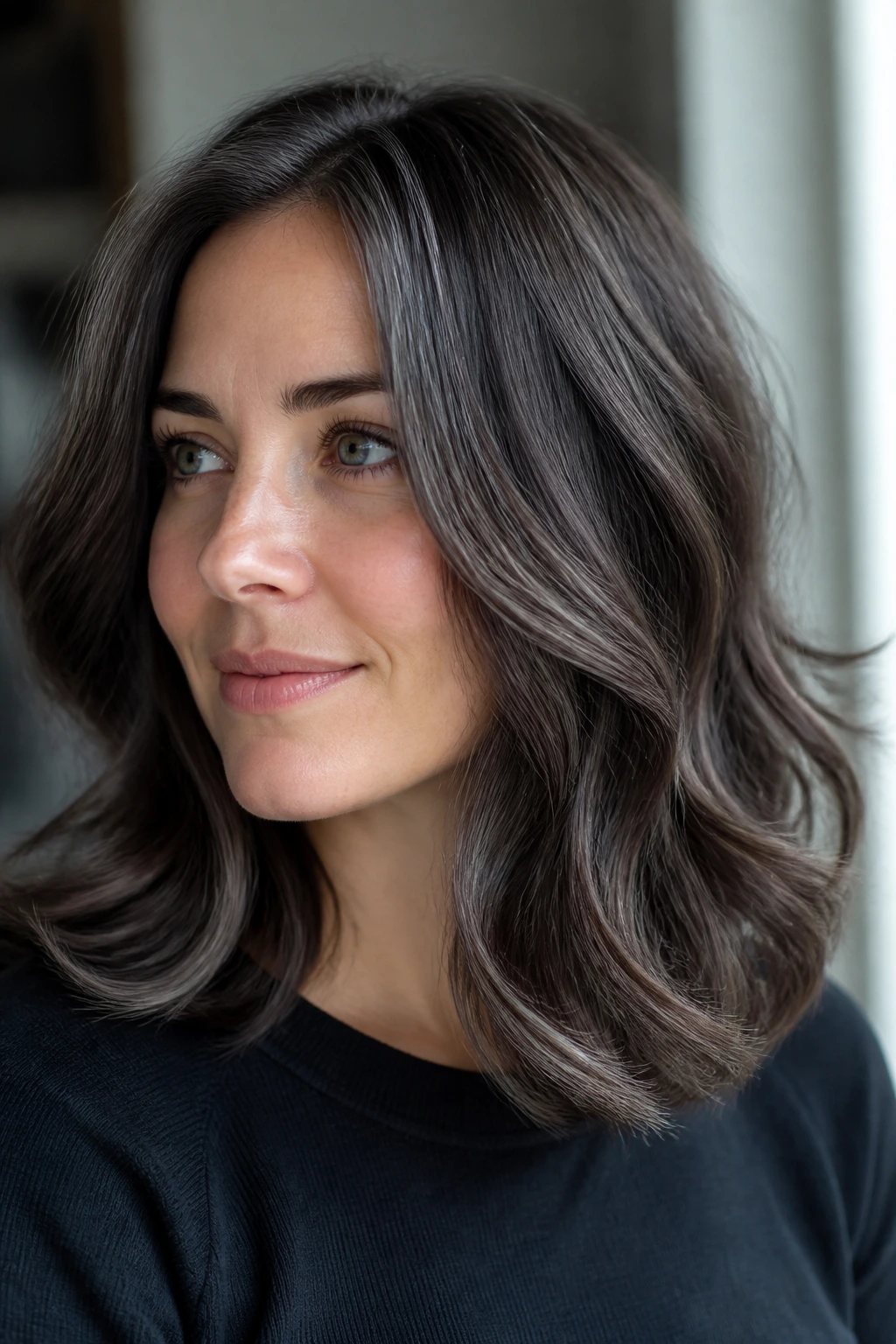 Close-up of hair with subtle movement and shine on gray brunette color