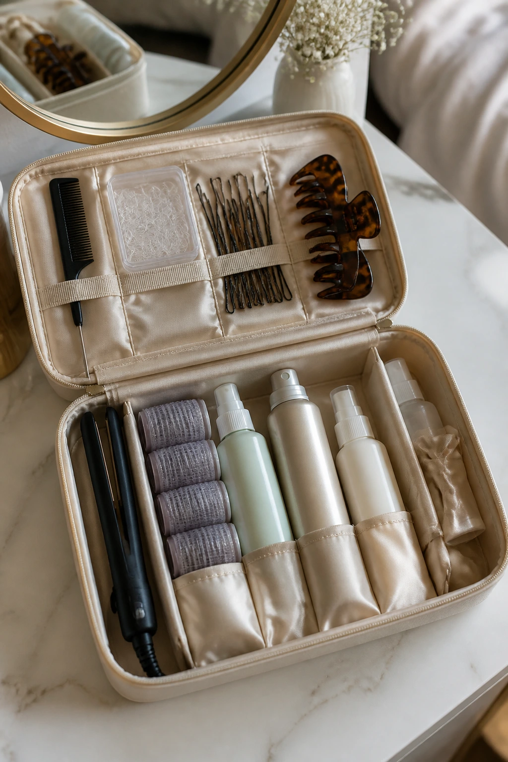 Top-down shot of a tiny hair styling kit with essential tools