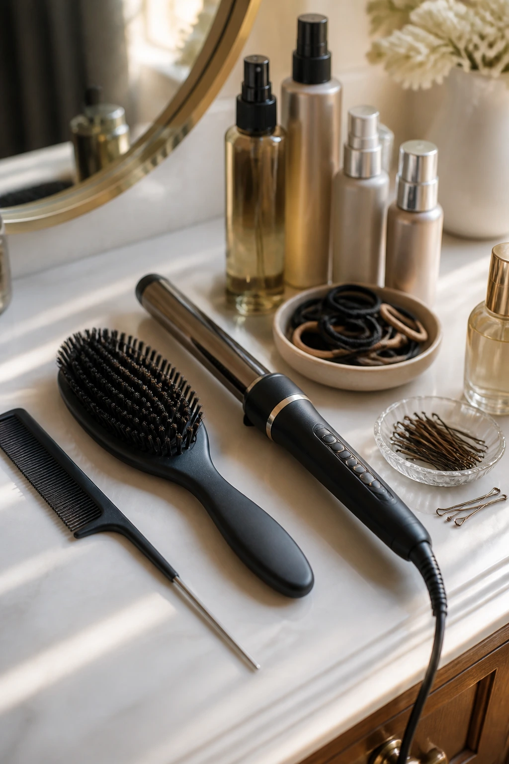 Close-up of hair styling tools on a vanity with soft light.