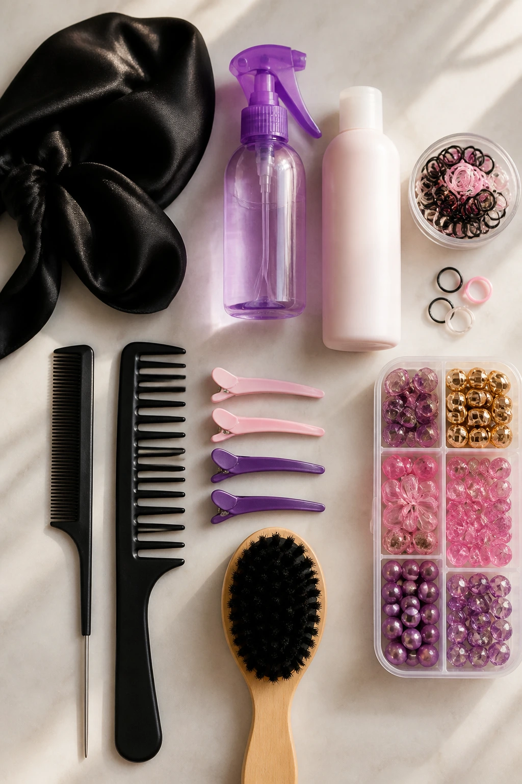 Top-down view of an unlabeled styling kit with essential hair tools