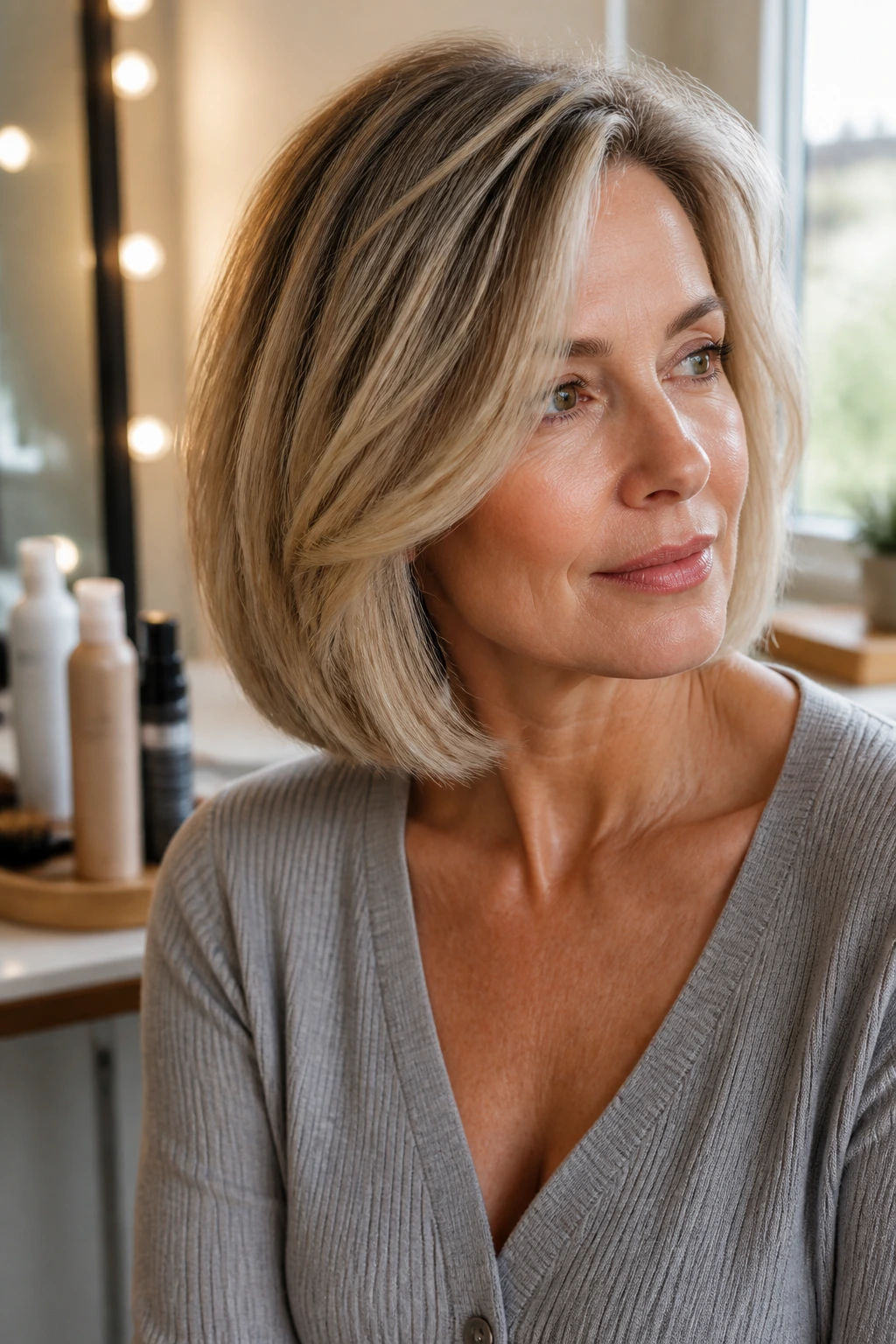 Close-up of a woman with a lob and subtle styling kit implied by background bottles