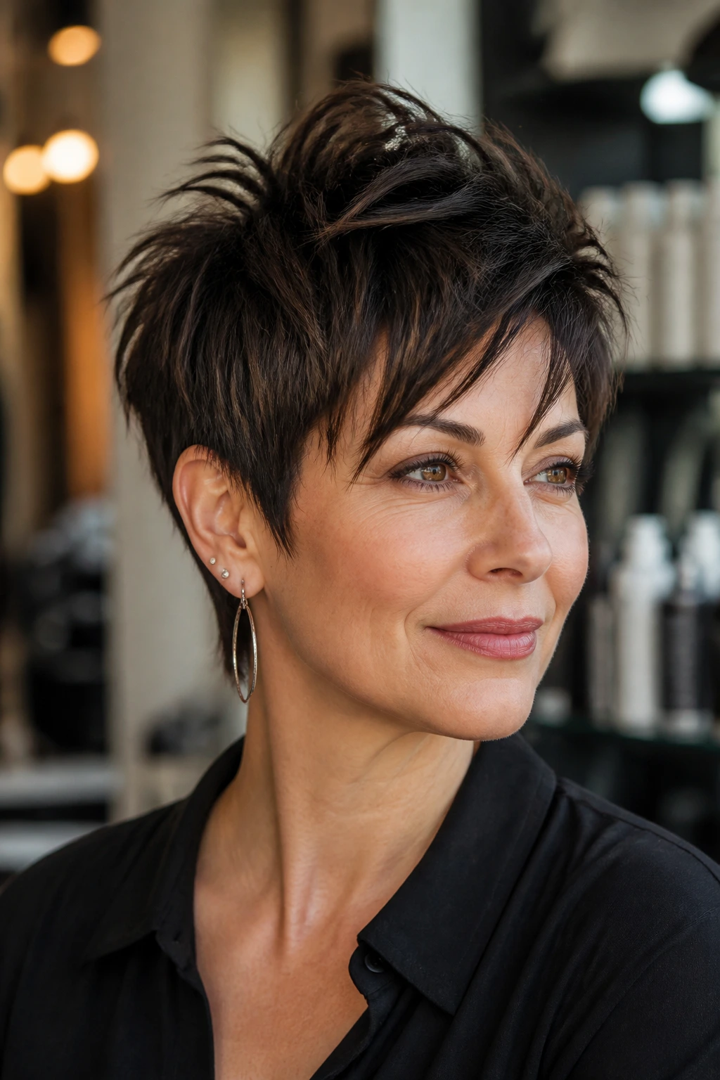 Close-up of real woman with lift at crown, styled with lightweight products.