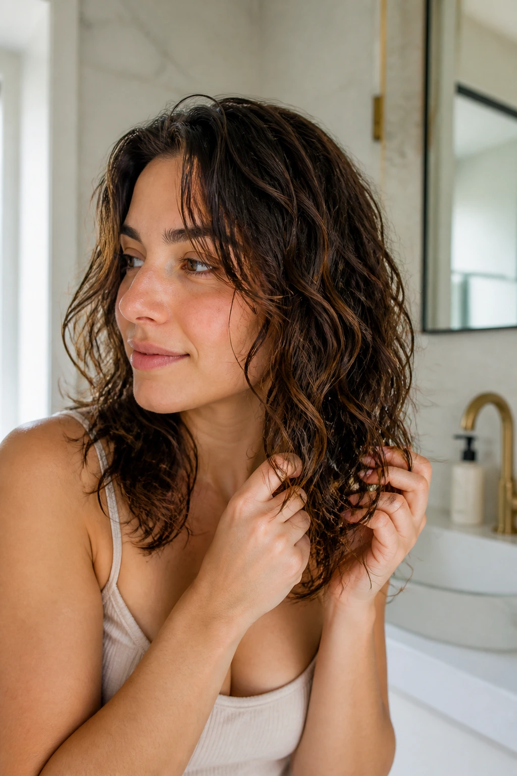 Portrait of a person styling layered medium wavy hair by scrunching.