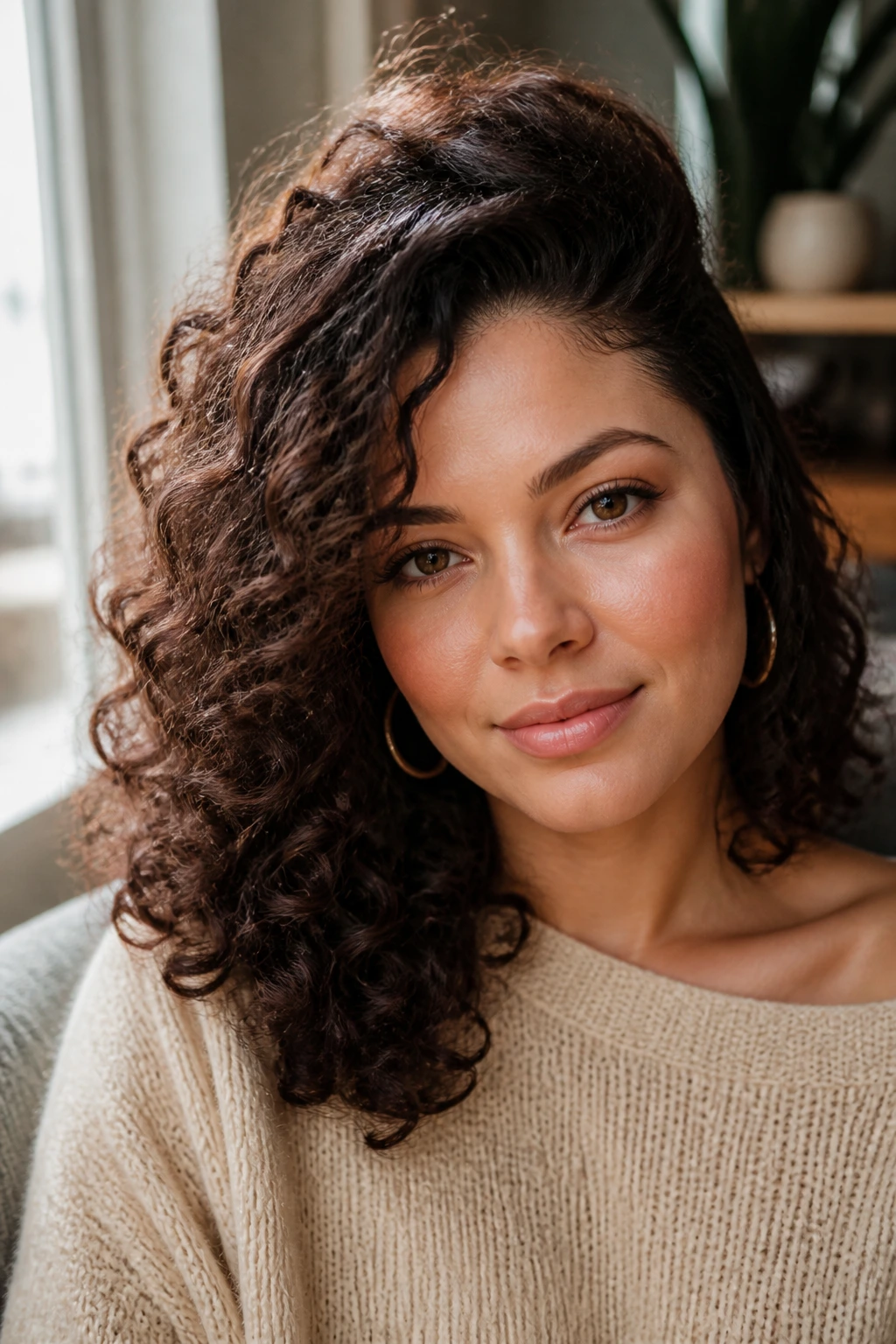 Close-up portrait showing side part and lifted crown in curly hair