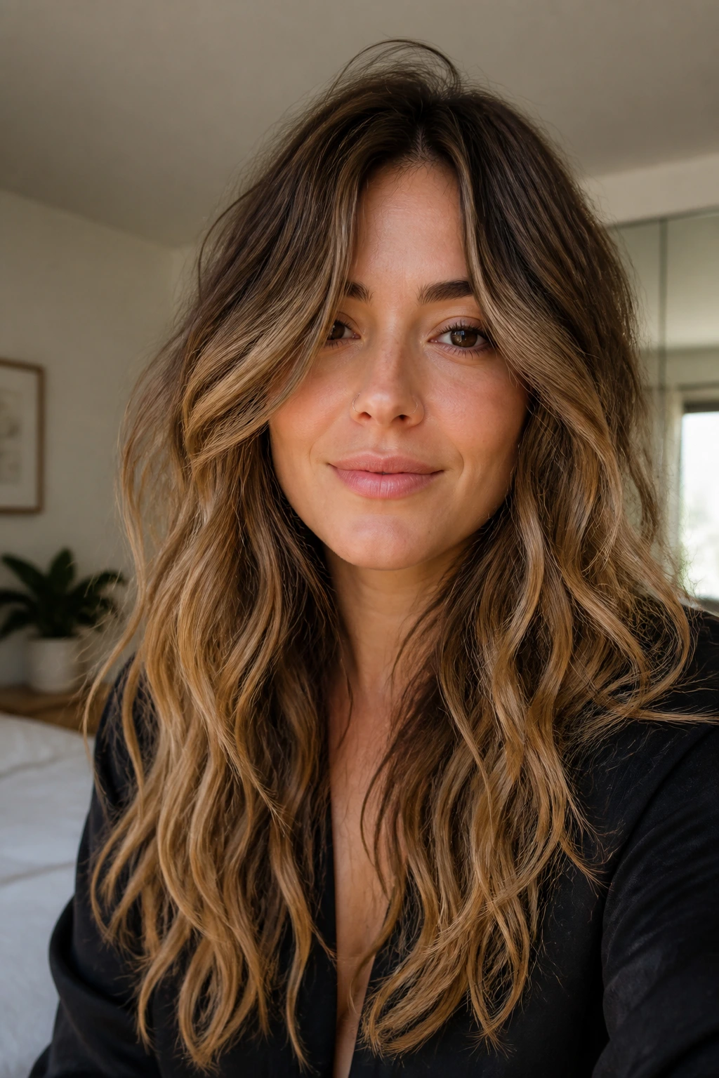 Close-up of a real person with long choppy layers styled into beachy waves