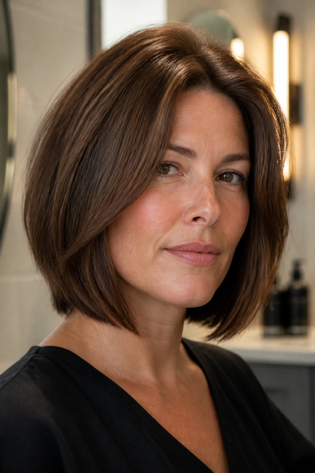 Close-up of a real woman with mid-length bob styled to reduce puff