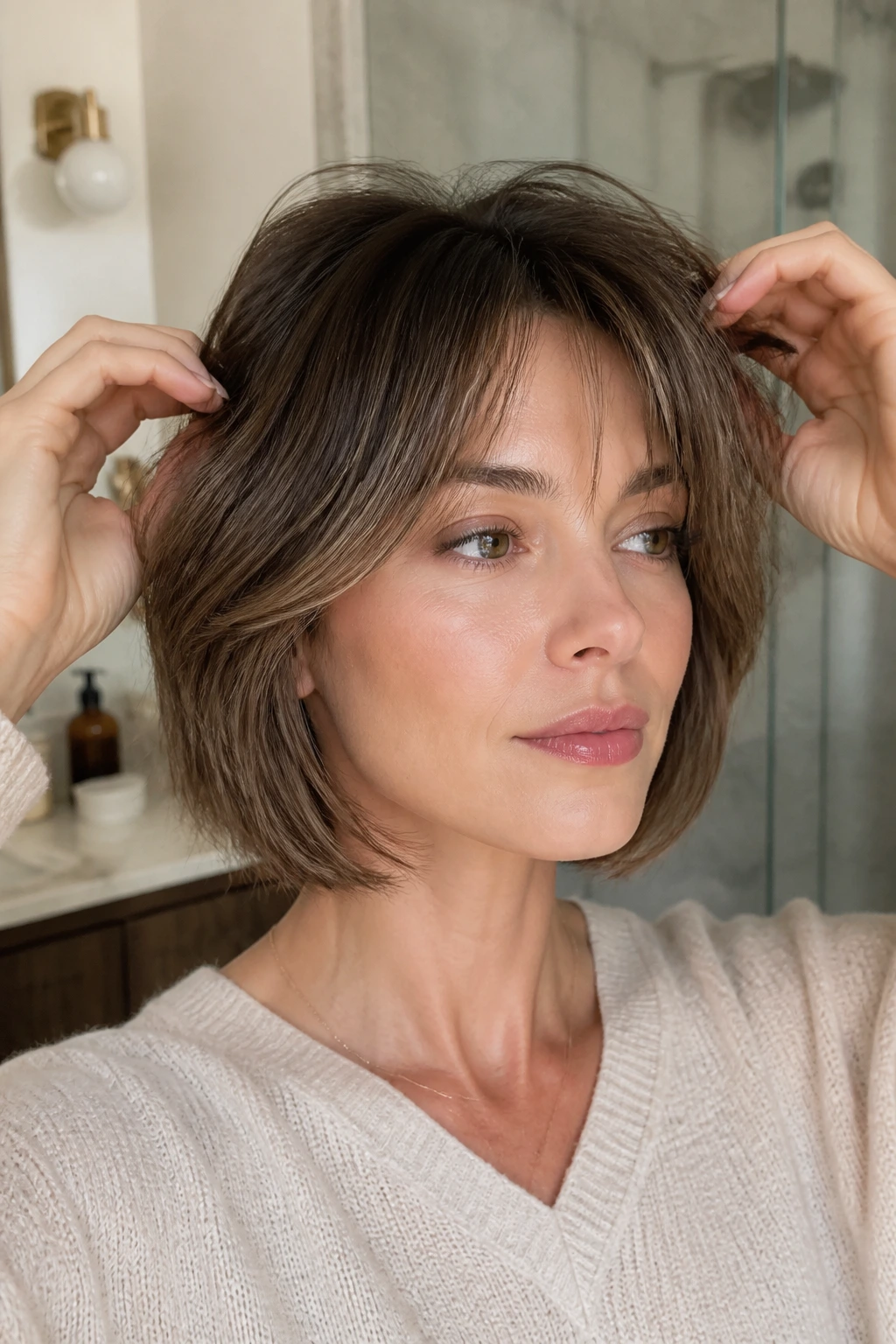 Real woman demonstrating subtle styling moves on layered bob to create width