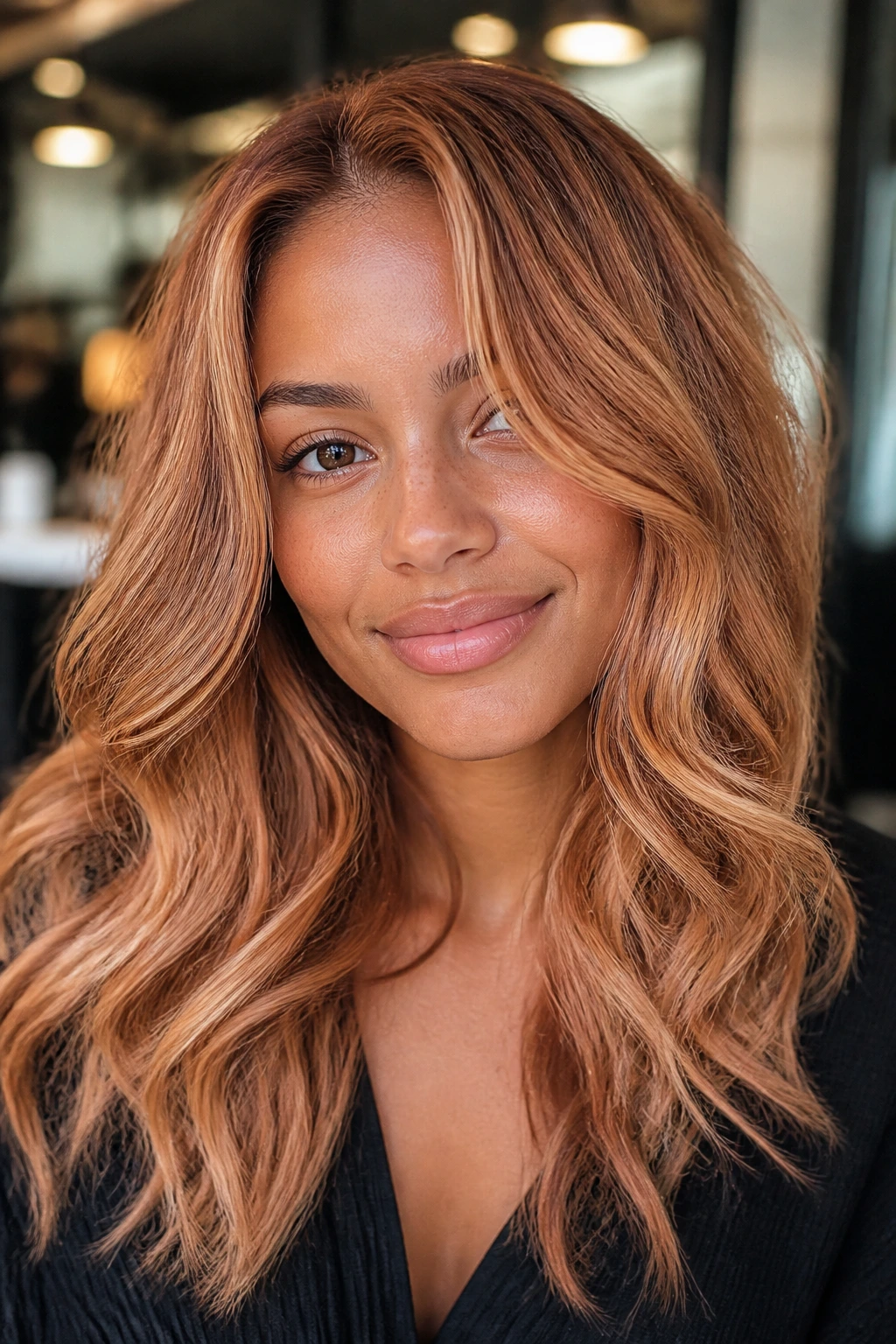 Close-up of real woman with rich strawberry blonde tones in soft waves