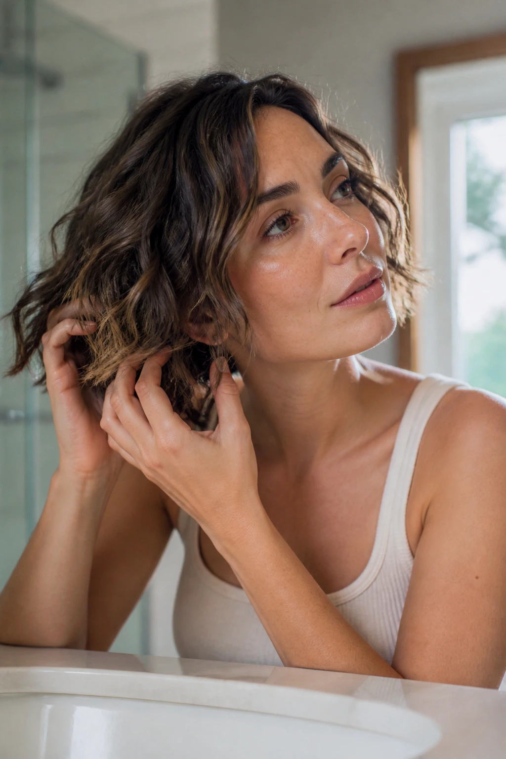 Portrait of woman scrunching waves to prevent puffing in a choppy bob.