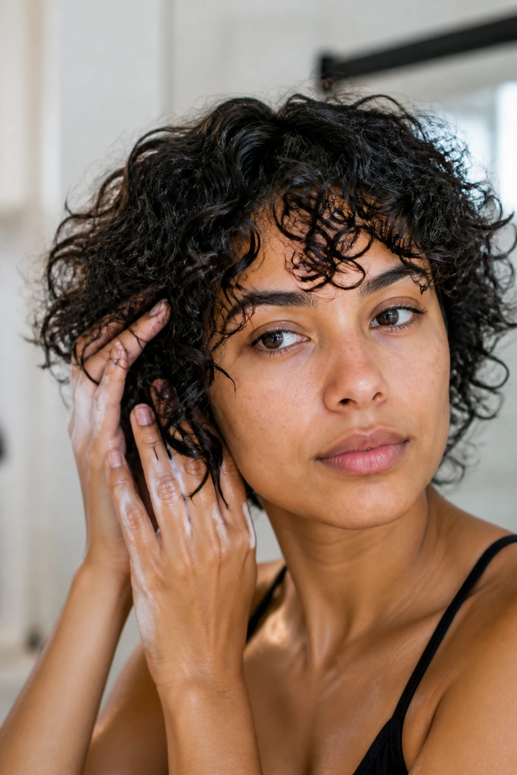 Close-up of a real person styling short curly hair with hands near the curls.