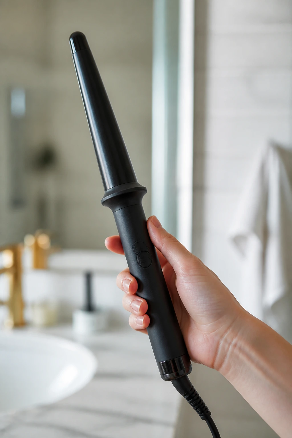 Close-up of a styling tool held in hand for refreshing short waves