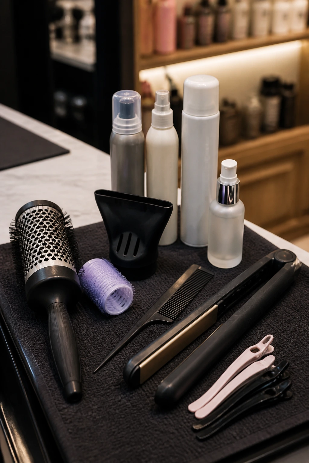 Close-up of styling tools arranged on a salon station