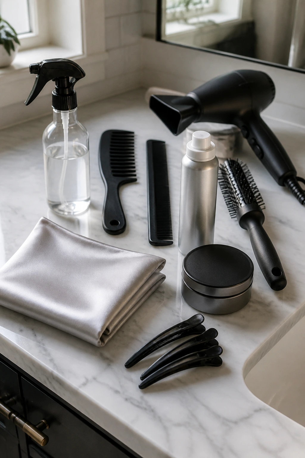 Close-up of unlabeled styling tools on a bathroom counter for essential maintenance