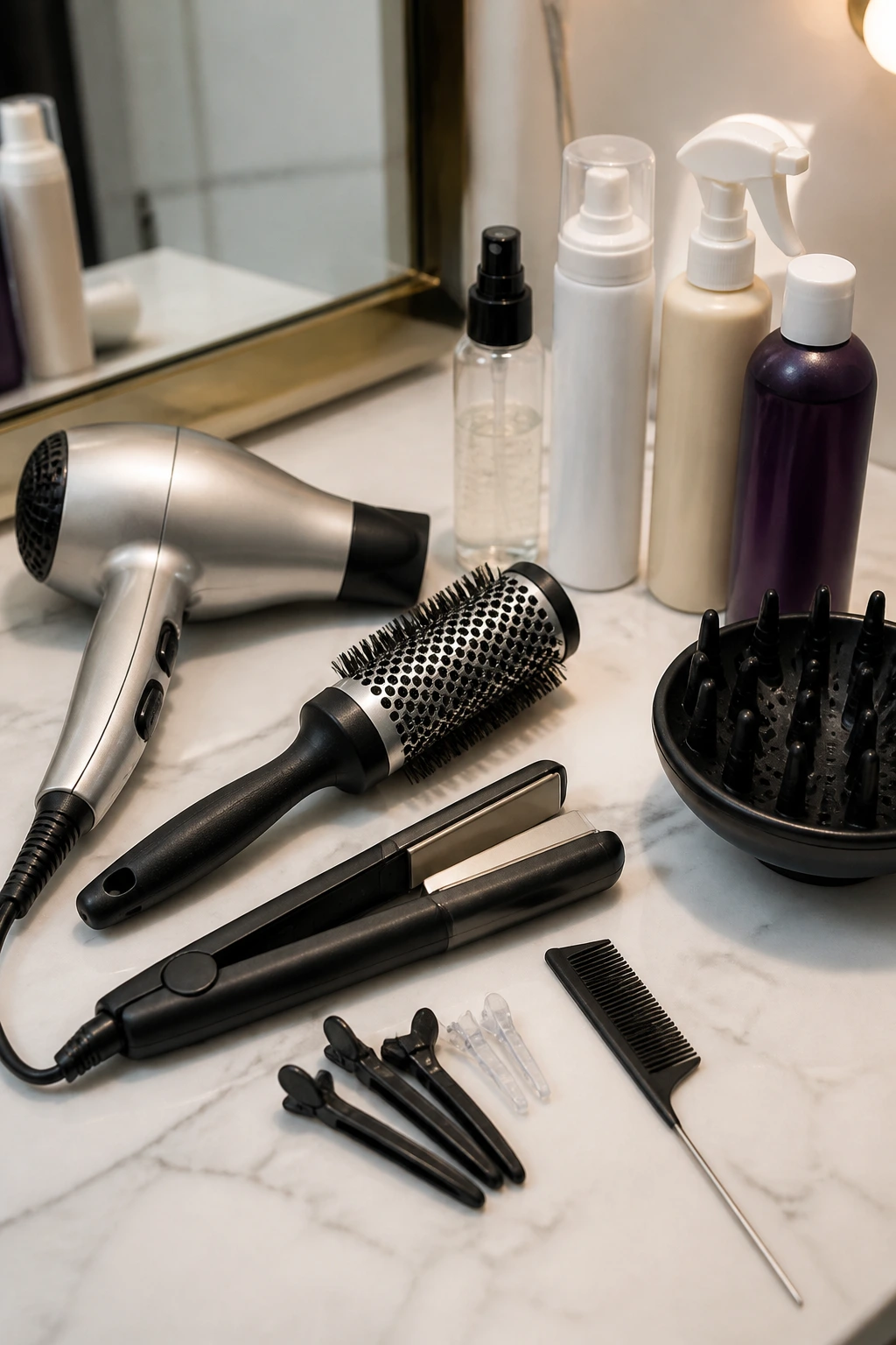 Close-up of unlabeled styling tools for short blonde hair