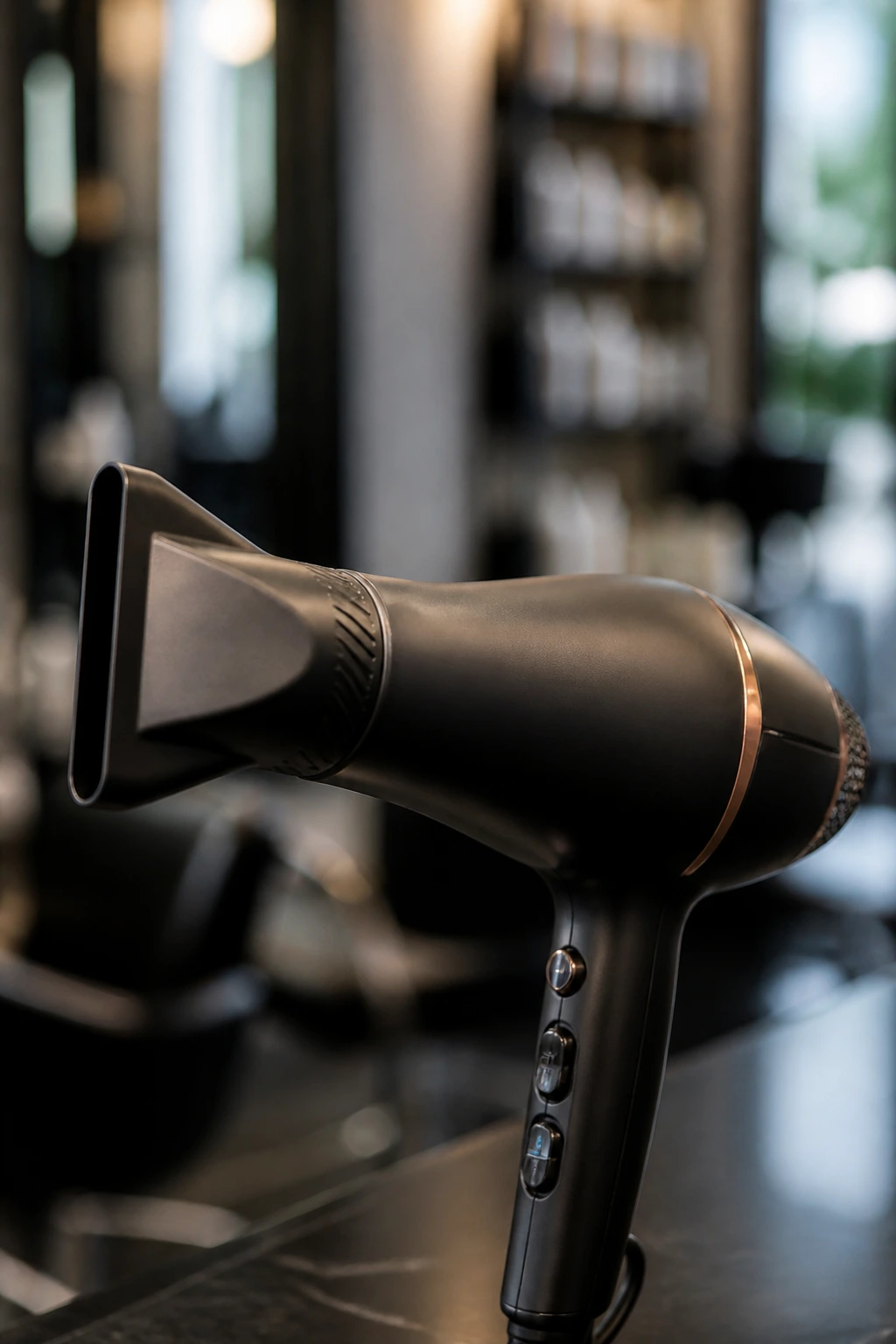 Close-up of a high-end blow dryer with nozzle in a salon setting