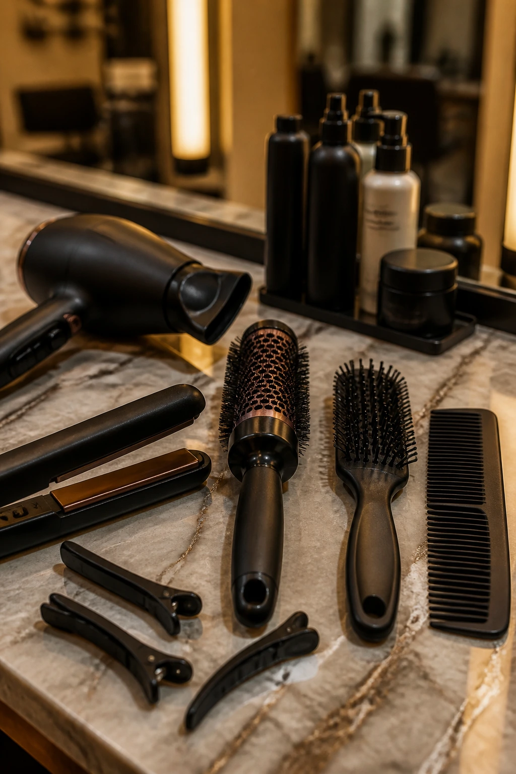 Close-up of essential bob-styling tools on a salon counter