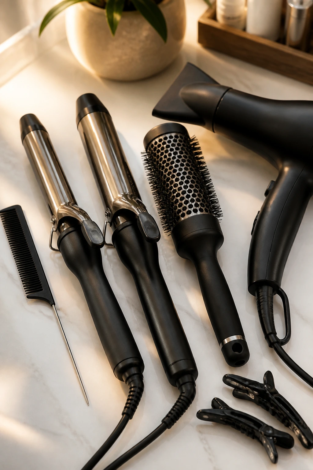 Close-up of styling tools on a clean counter