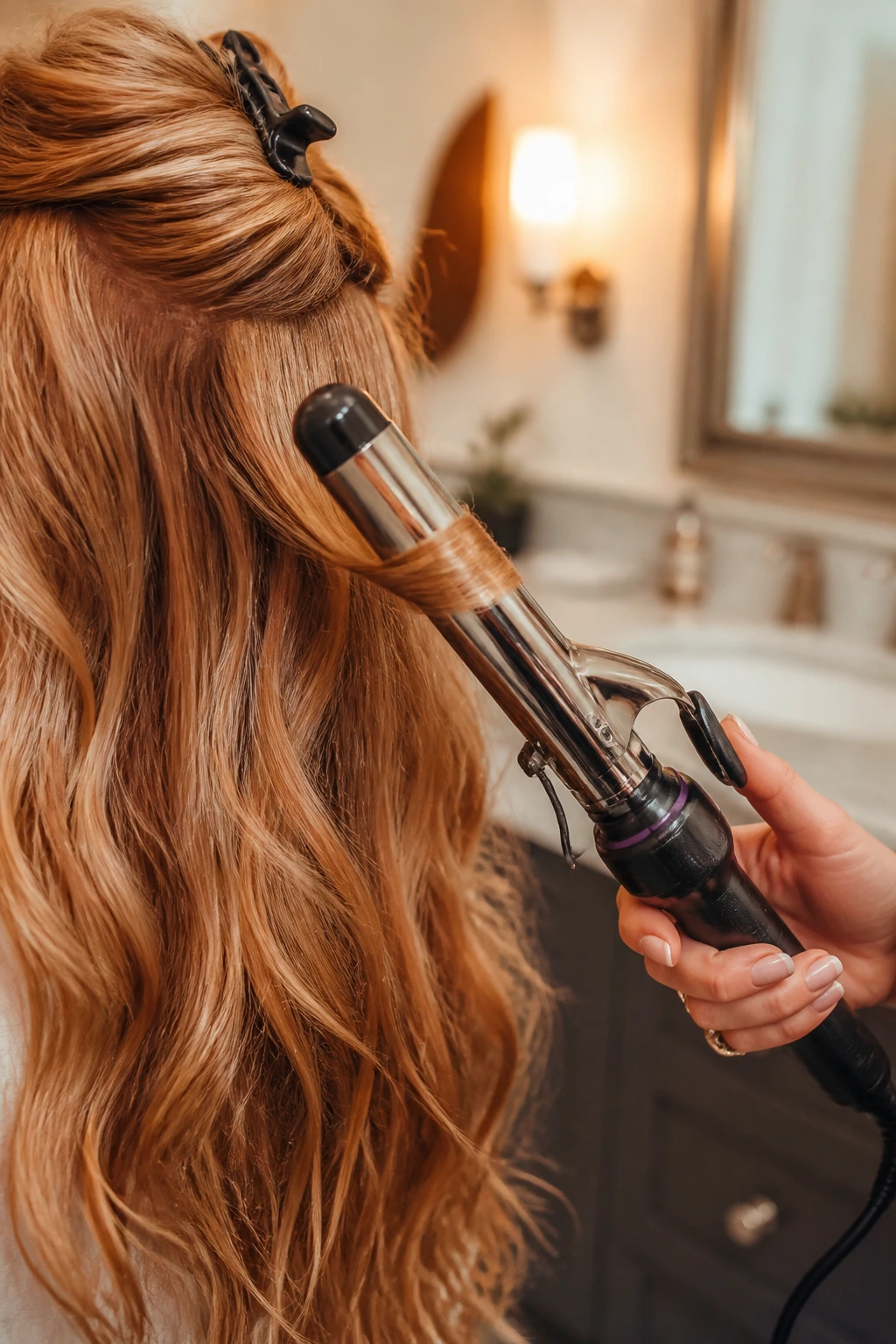 Close-up of curling iron styling long strawberry blonde hair