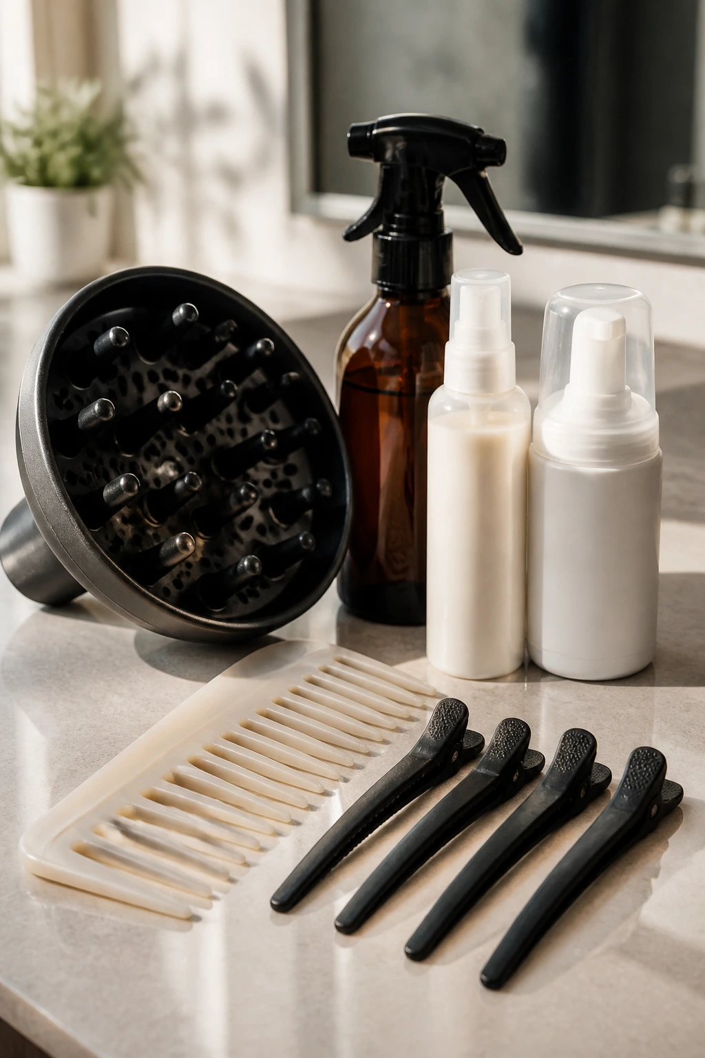 Close-up of essential styling tools for curly crops on a counter