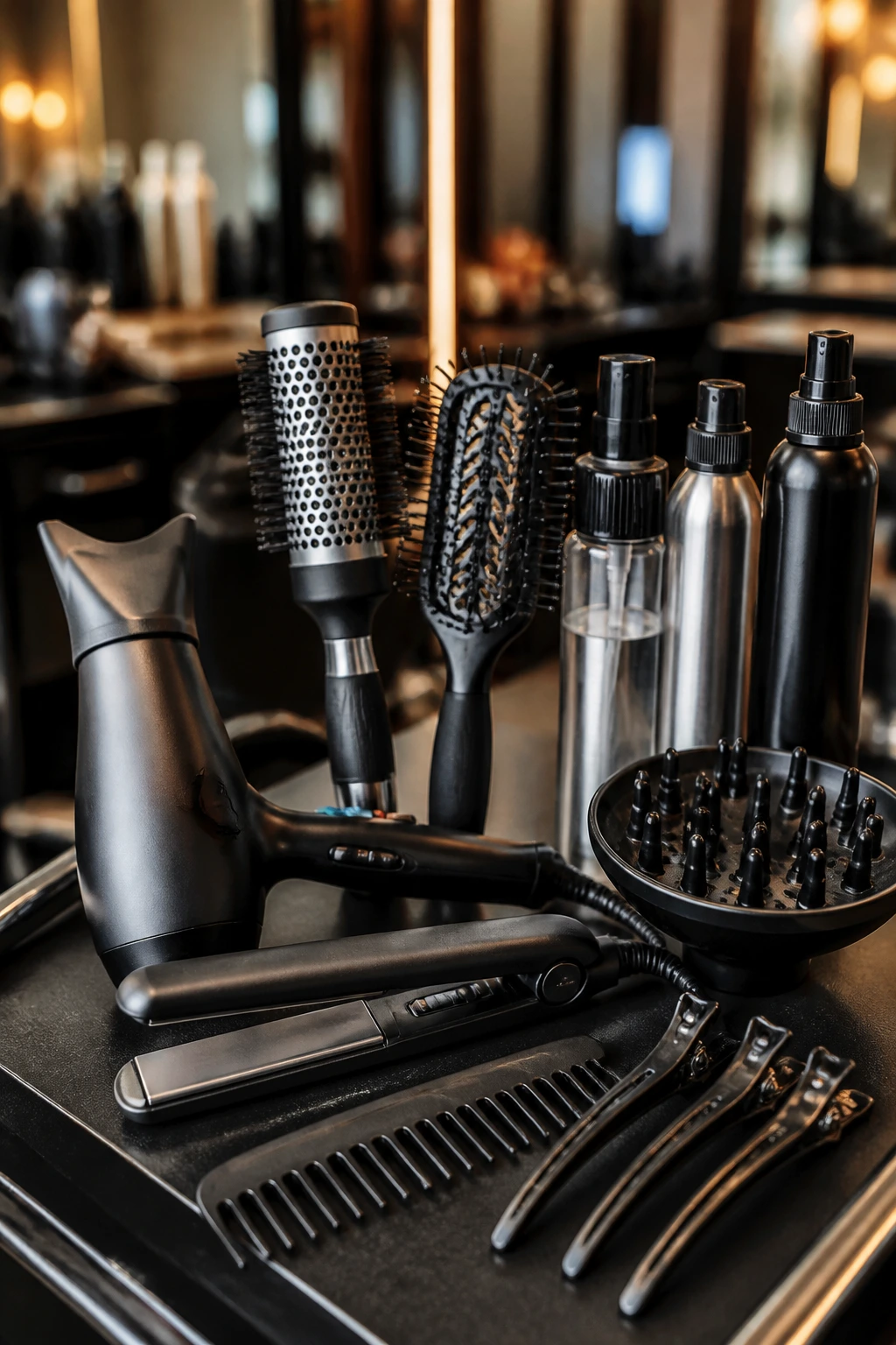 Close-up of professional styling tools on a salon station