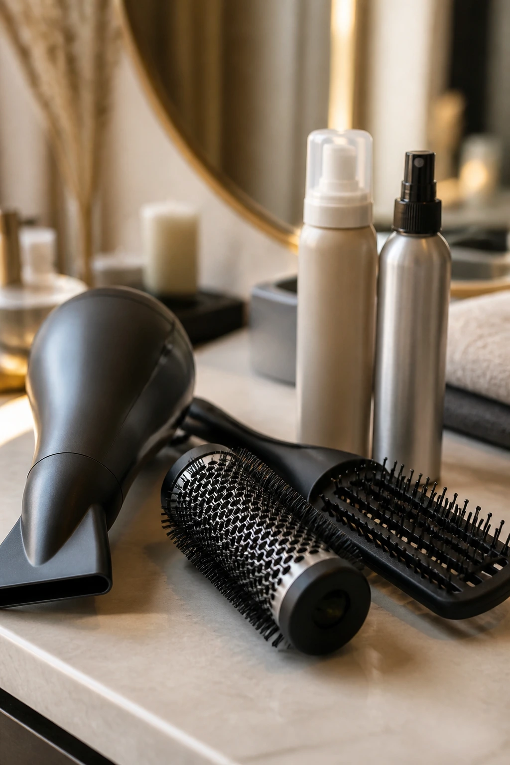 Angled close-up of hair styling tools on a counter