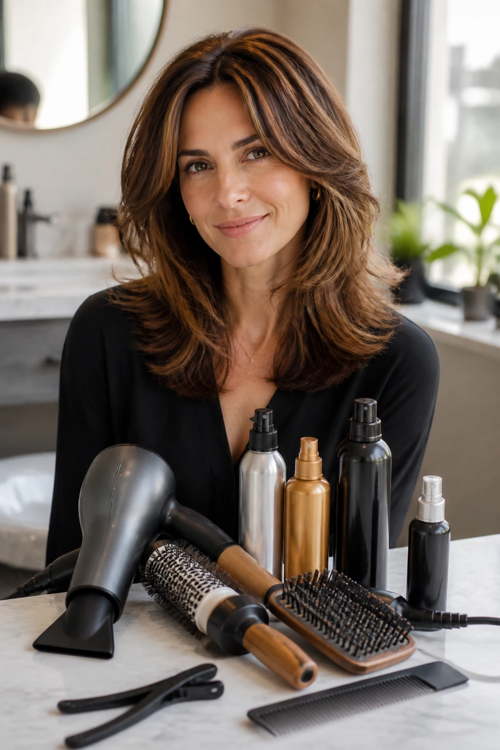 Portrait of a woman with feathered layers with styling tools blurred in the background.