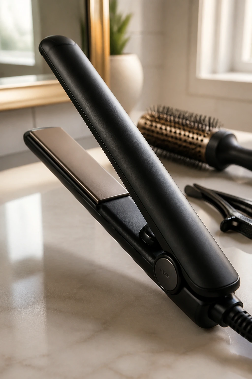 Close-up of a 1-inch flat iron with blurred background tools on a bathroom counter.