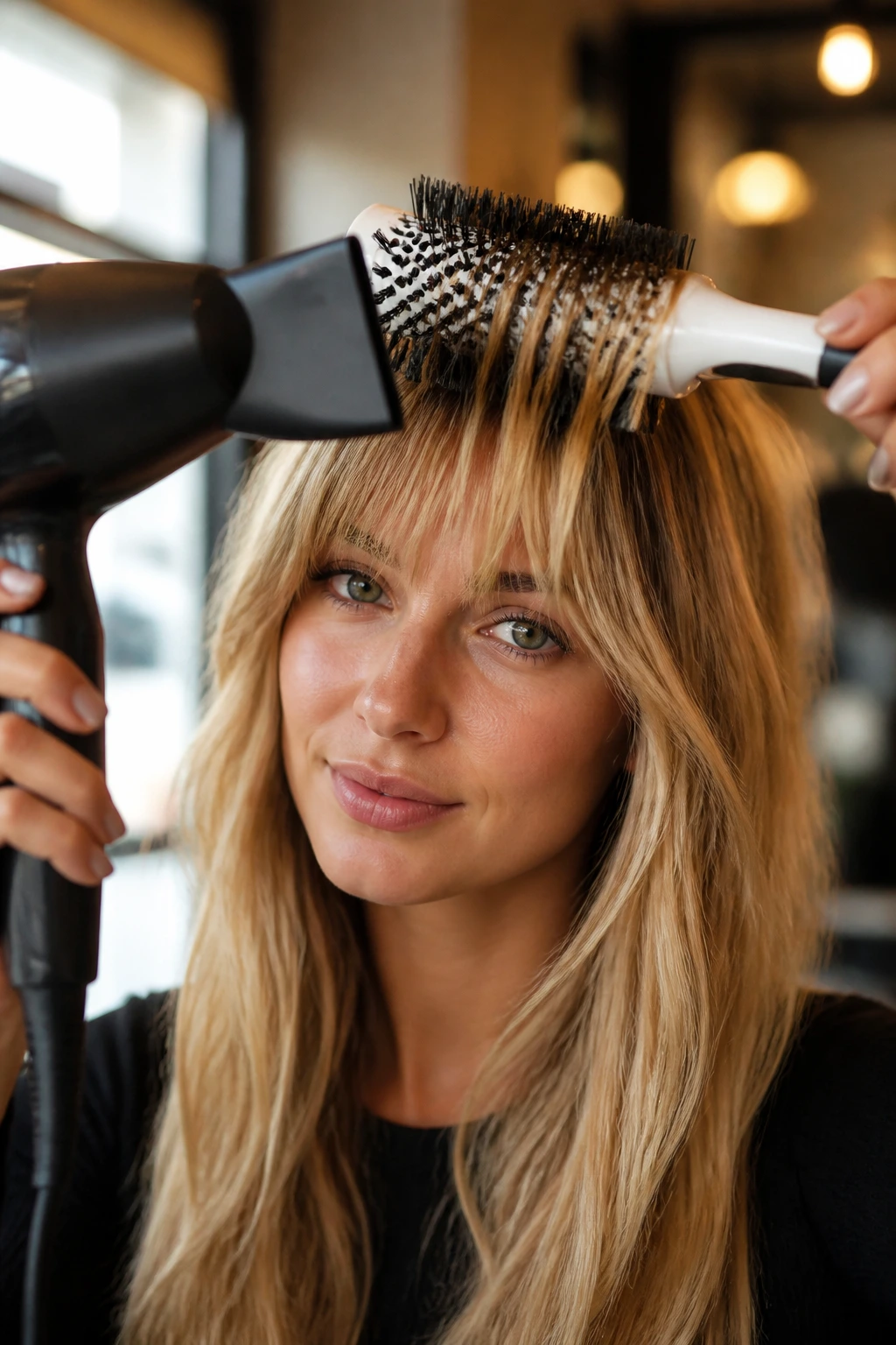 Portrait of a woman with fringe and styling tools visible in a salon setting