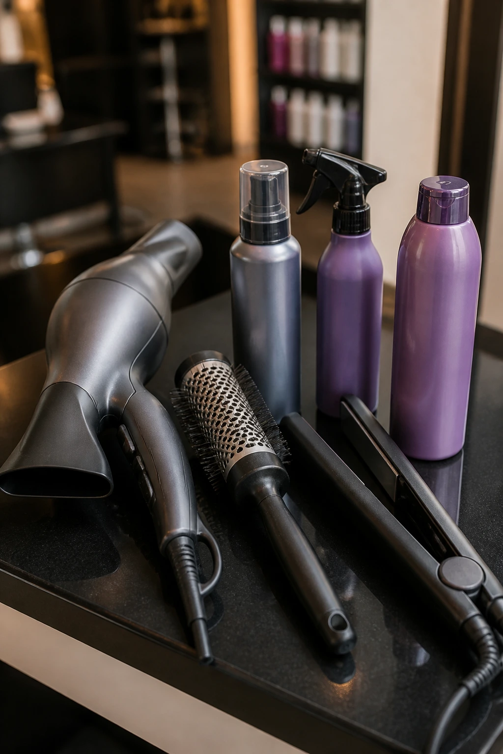 Top-down view of unmarked styling tools for grey bobs on a salon counter