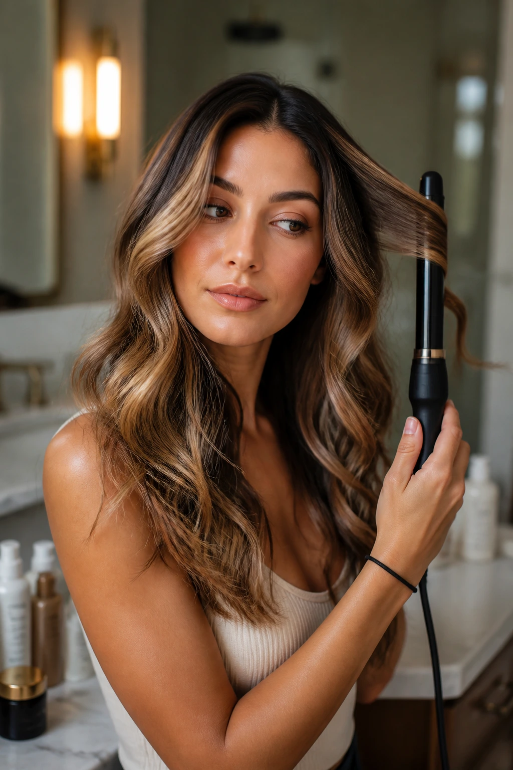 Portrait of a real woman with glossy waves and curling wand nearby