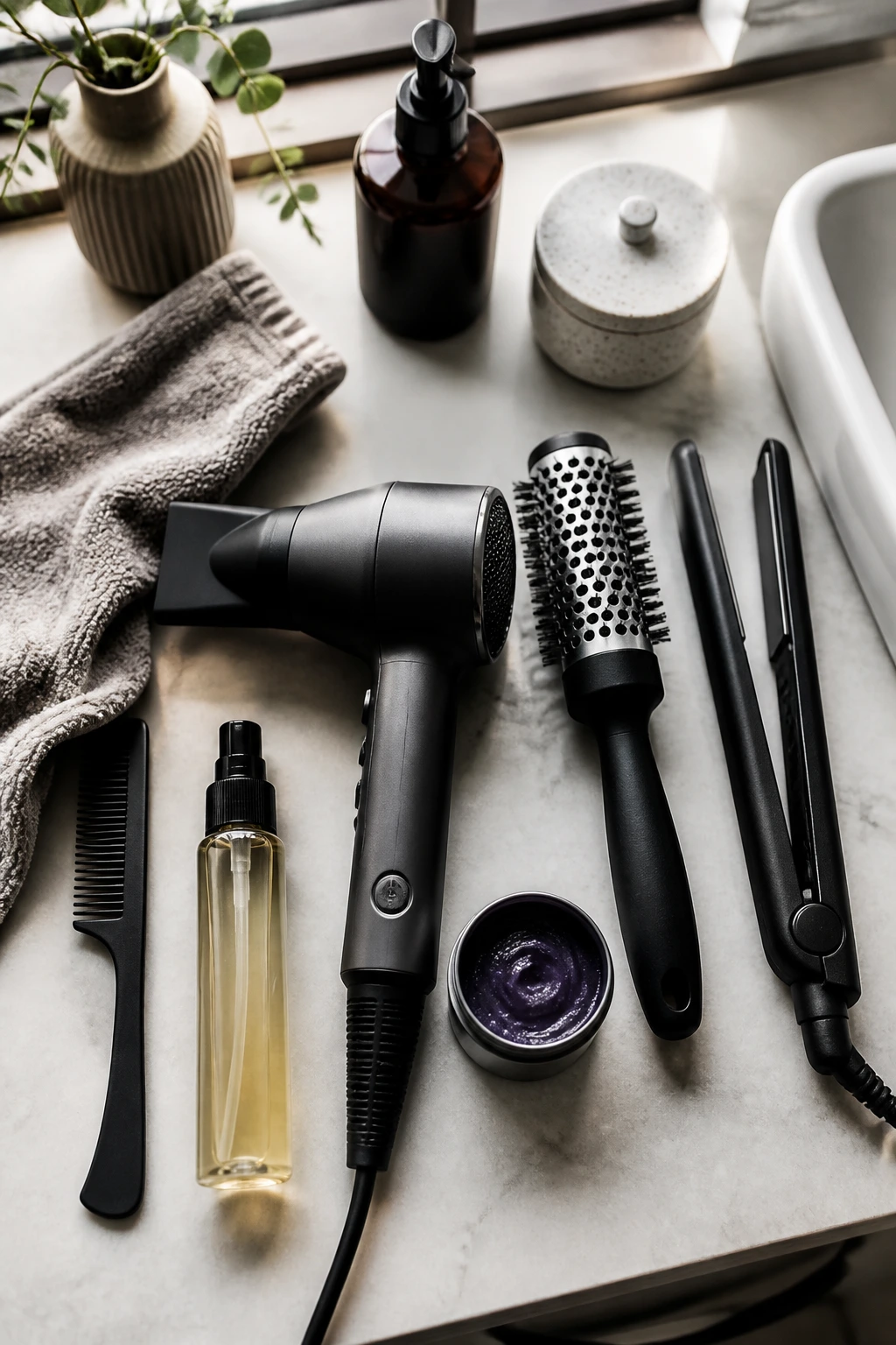 Top-down view of essential hair styling tools on a vanity.