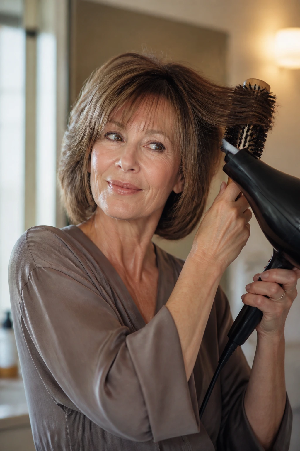 Person styling hair at home with dryer and round brush