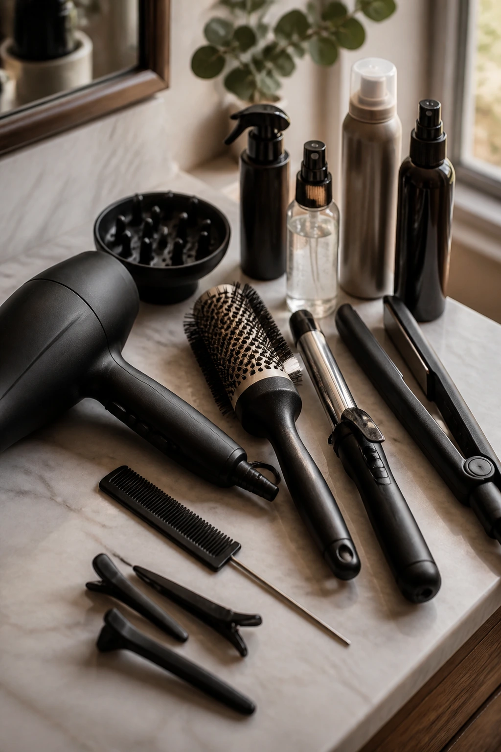 Macro photo of essential styling tools for short hair on a counter