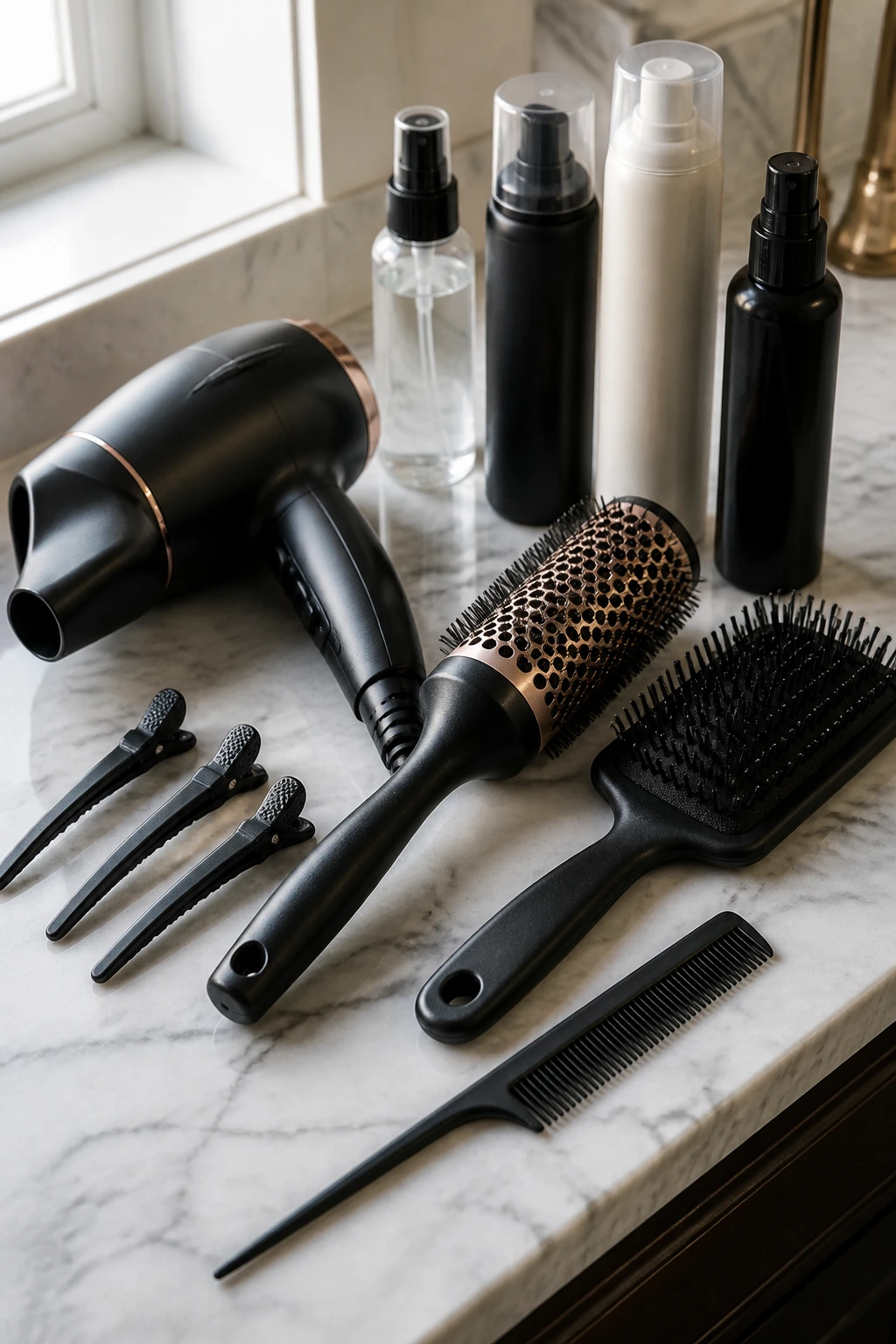 Still life of hair styling tools arranged on a counter