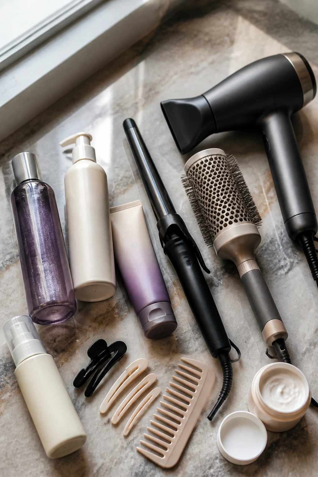 Flat lay of essential blonde styling tools on a vanity.