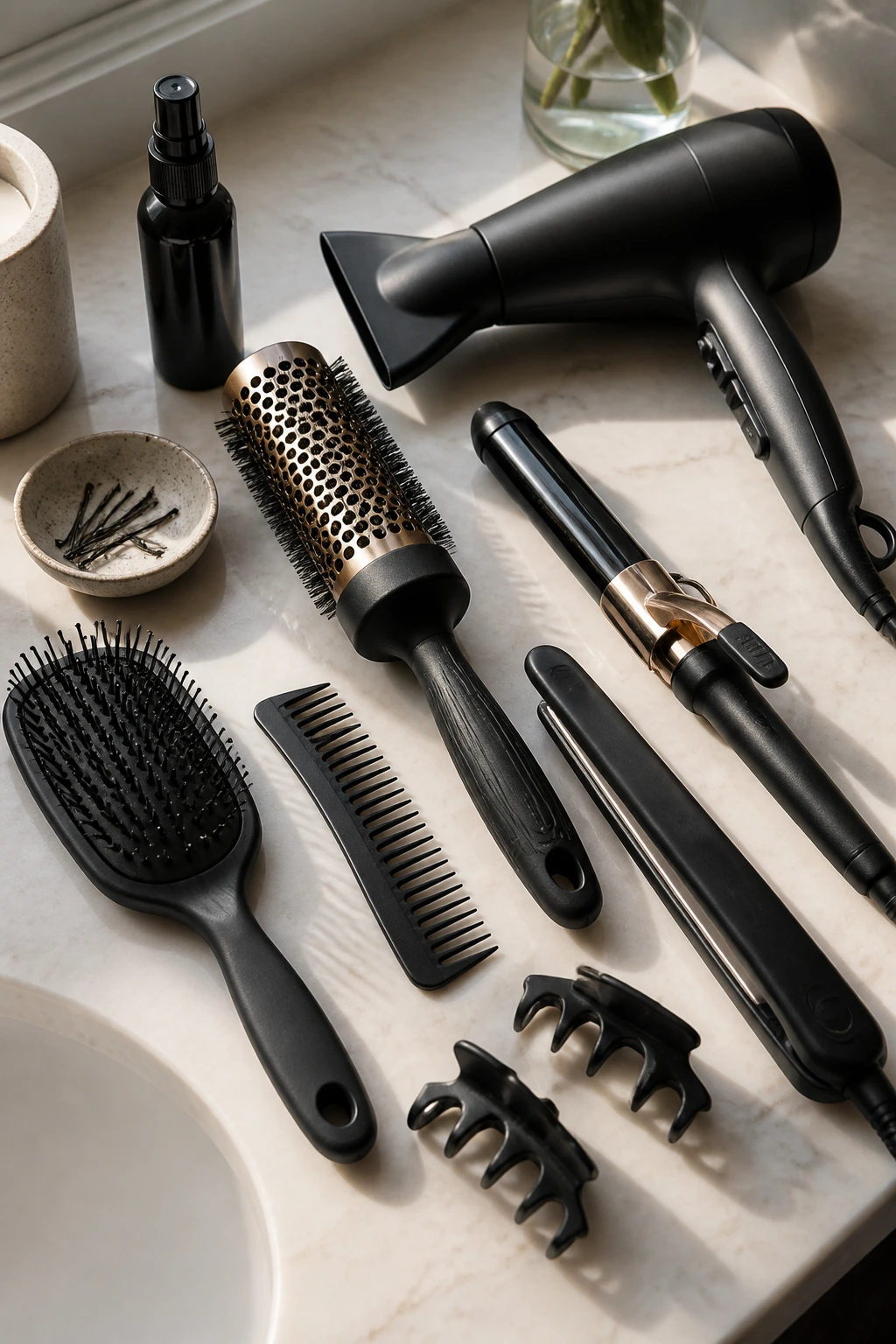 Top-down view of styling tools on a bathroom counter