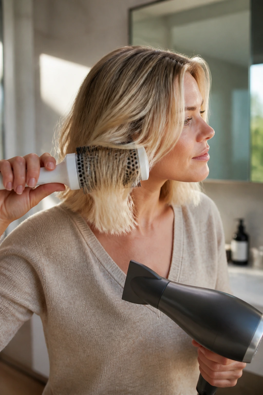 Person styling a blonde long bob with a round brush in a bathroom.