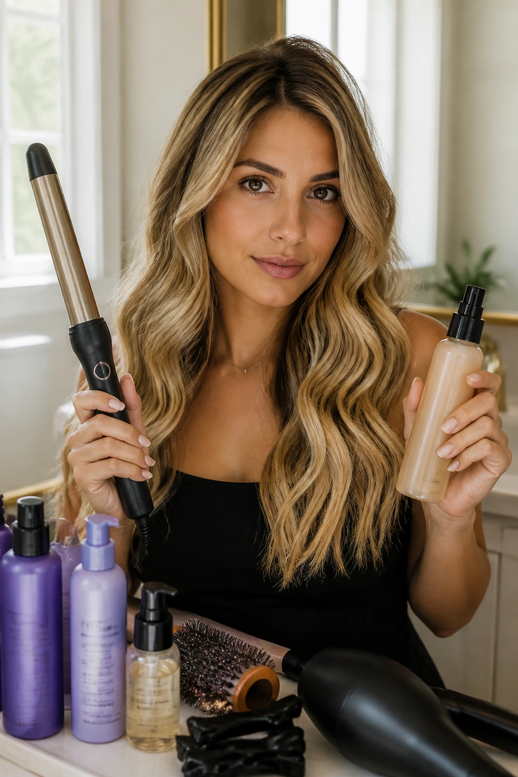 Close-up portrait of a woman using styling tools with beige-blonde hair