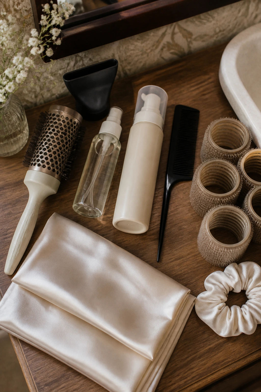 Top-down view of hair styling tools arranged on a vanity with warm lighting