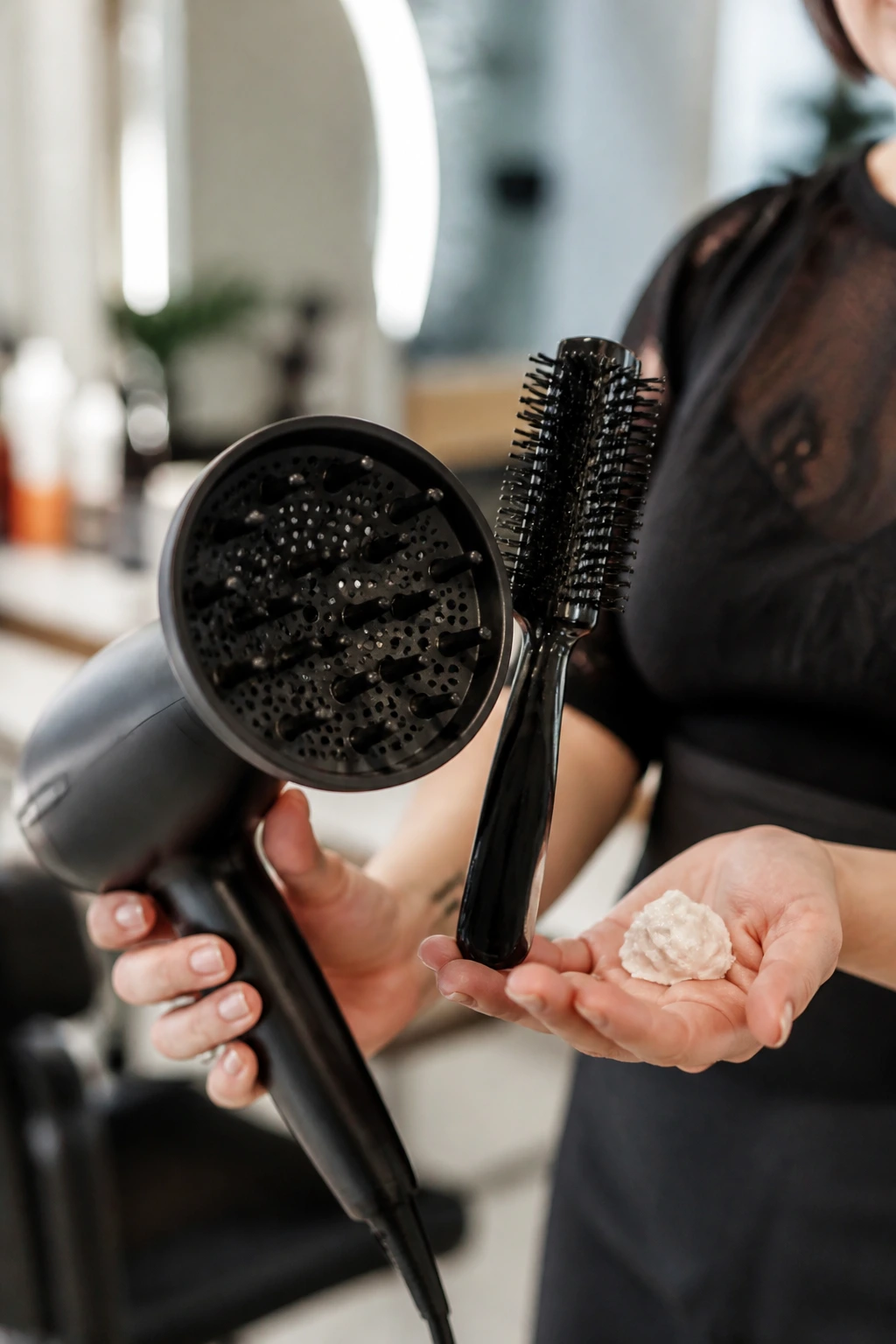 Close-up of hands with styling tools in a salon setting.