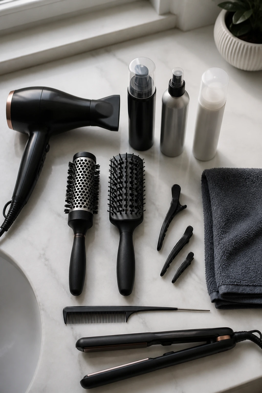 Flat lay of essential styling tools for short hair on a bathroom counter.