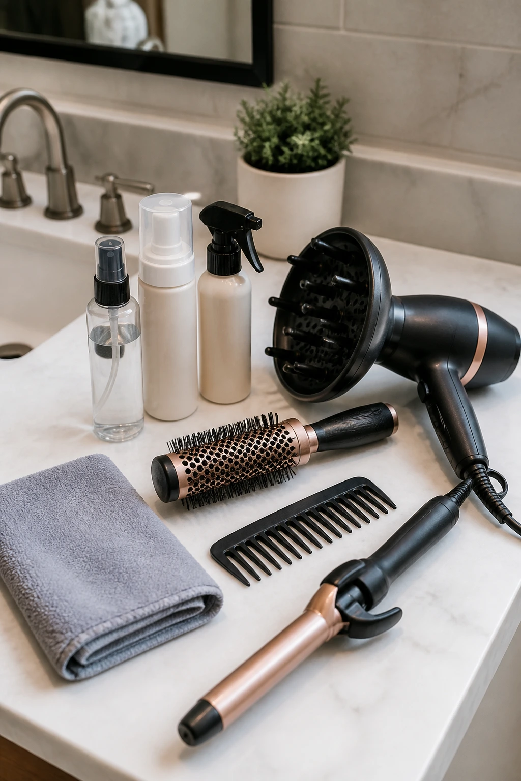Styl styling tools arranged on a bathroom vanity for shoulder bobs