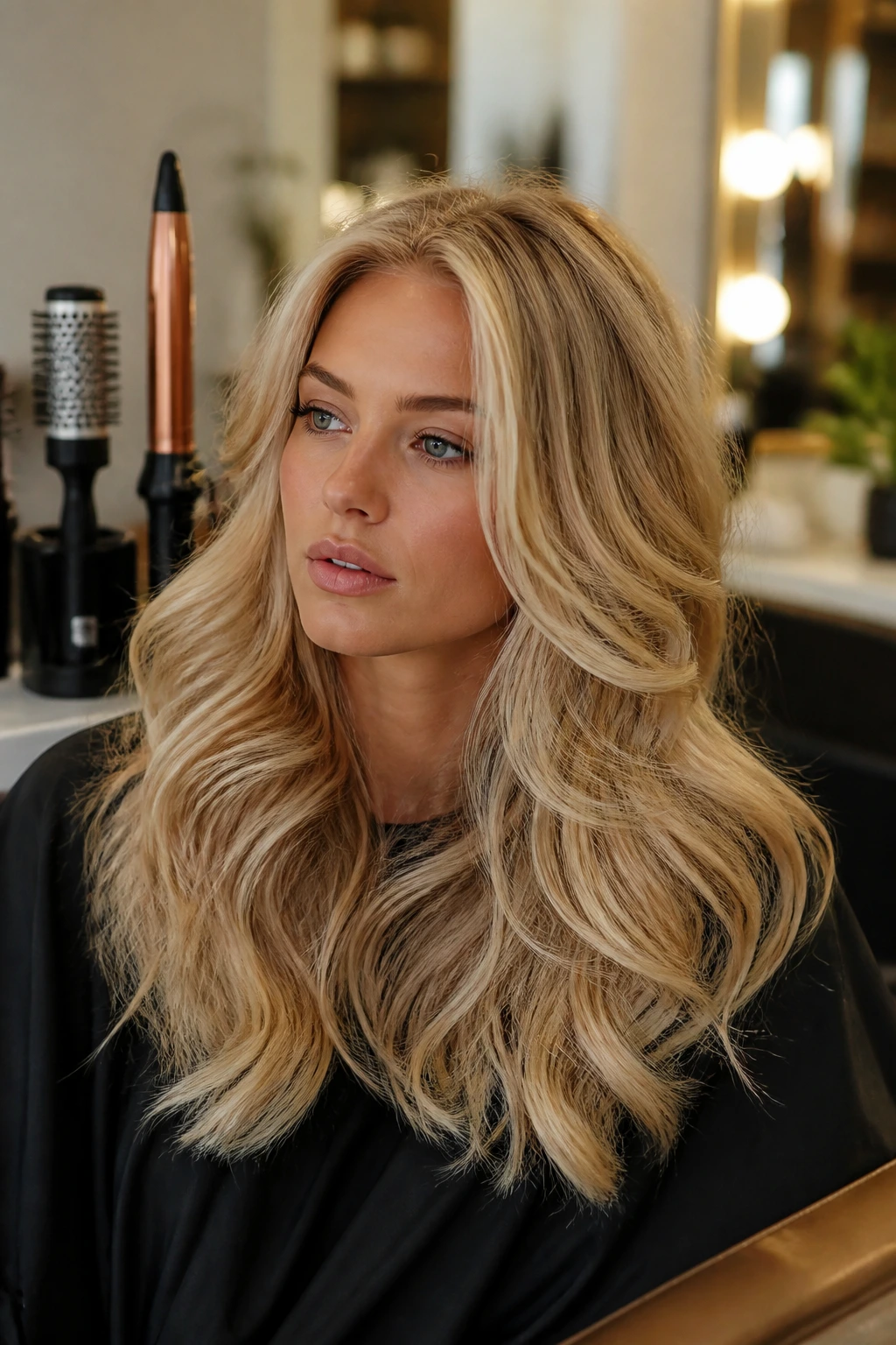 Portrait of a real woman with thick blonde hair in a salon setting, with styling tools subtly in view.